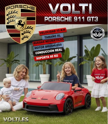 PORSCHE 911 GT3 PARA NIÑOS BIPLAZA MOTOR BRUSHLESS VELOCIDAD 15 KM/H.