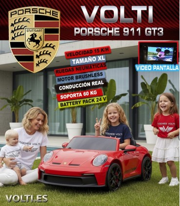 PORSCHE 911 GT3 PARA NIÑOS BIPLAZA MOTOR BRUSHLESS VELOCIDAD 15 KM/H.